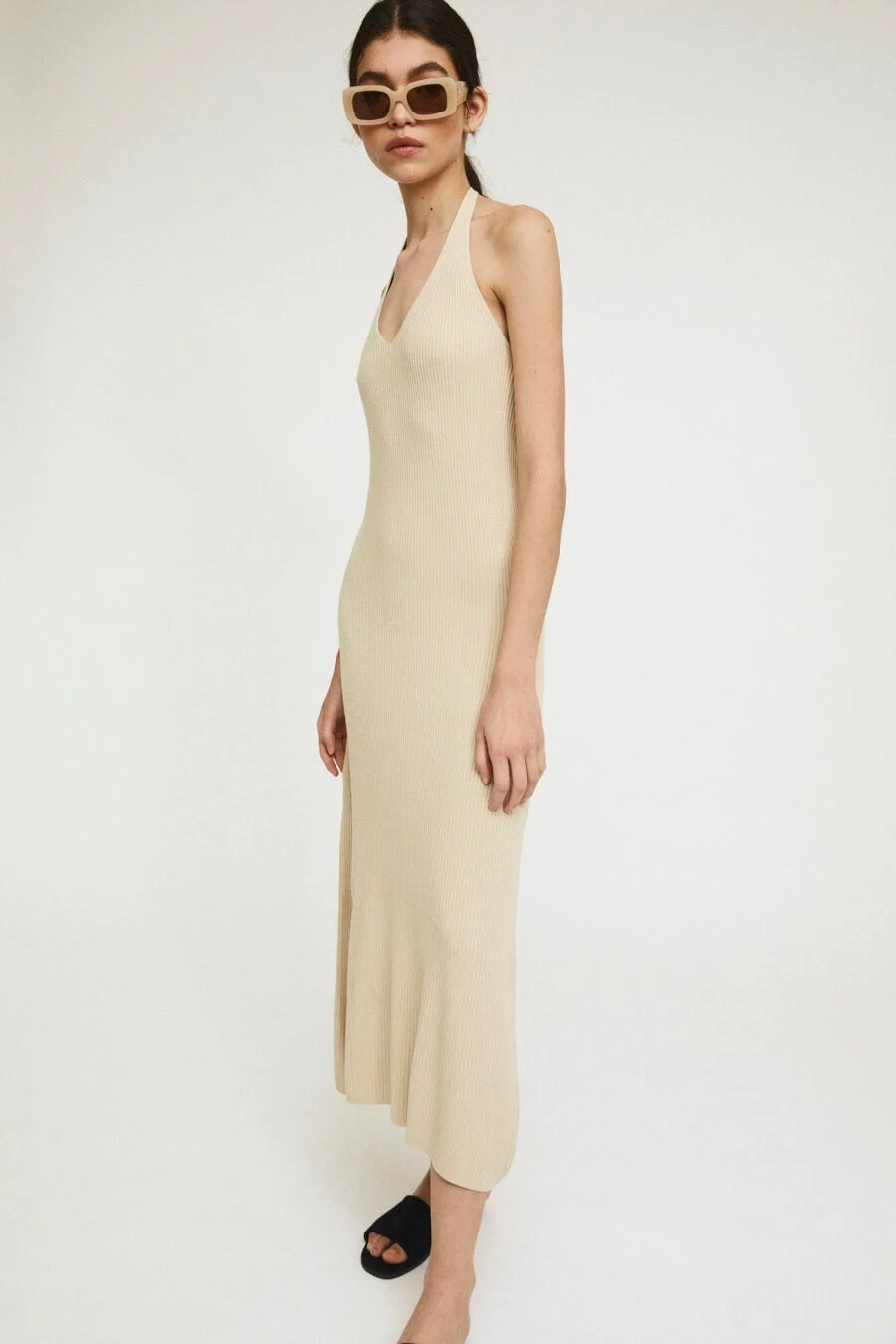 beige fitted dress Beige True Form Midi Dress