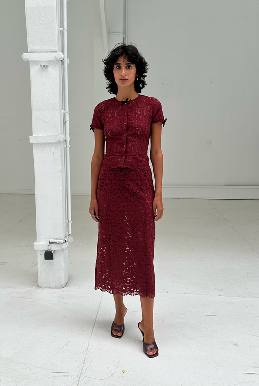 Burgundy Lace Midi Skirt